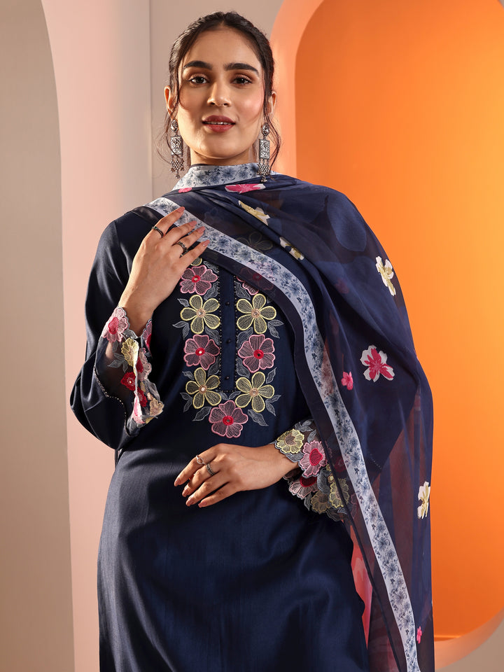 Navy Blue Embroidered Silk Blend Straight Suit Set With Dupatta