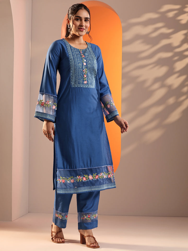 Blue Embroidered Silk Blend Straight Suit Set With Dupatta