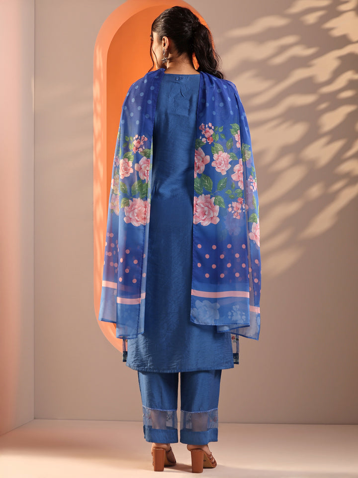 Blue Embroidered Silk Blend Straight Suit Set With Dupatta