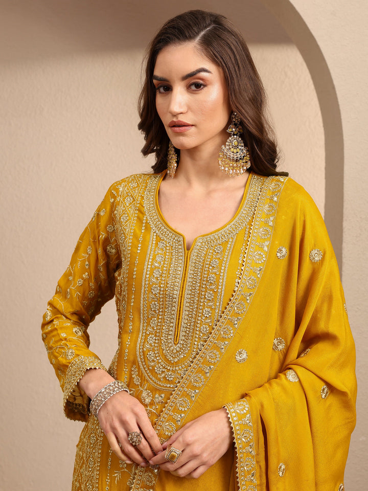Libas Art Mustard Embroidered Chinon Straight Suit Set With Dupatta