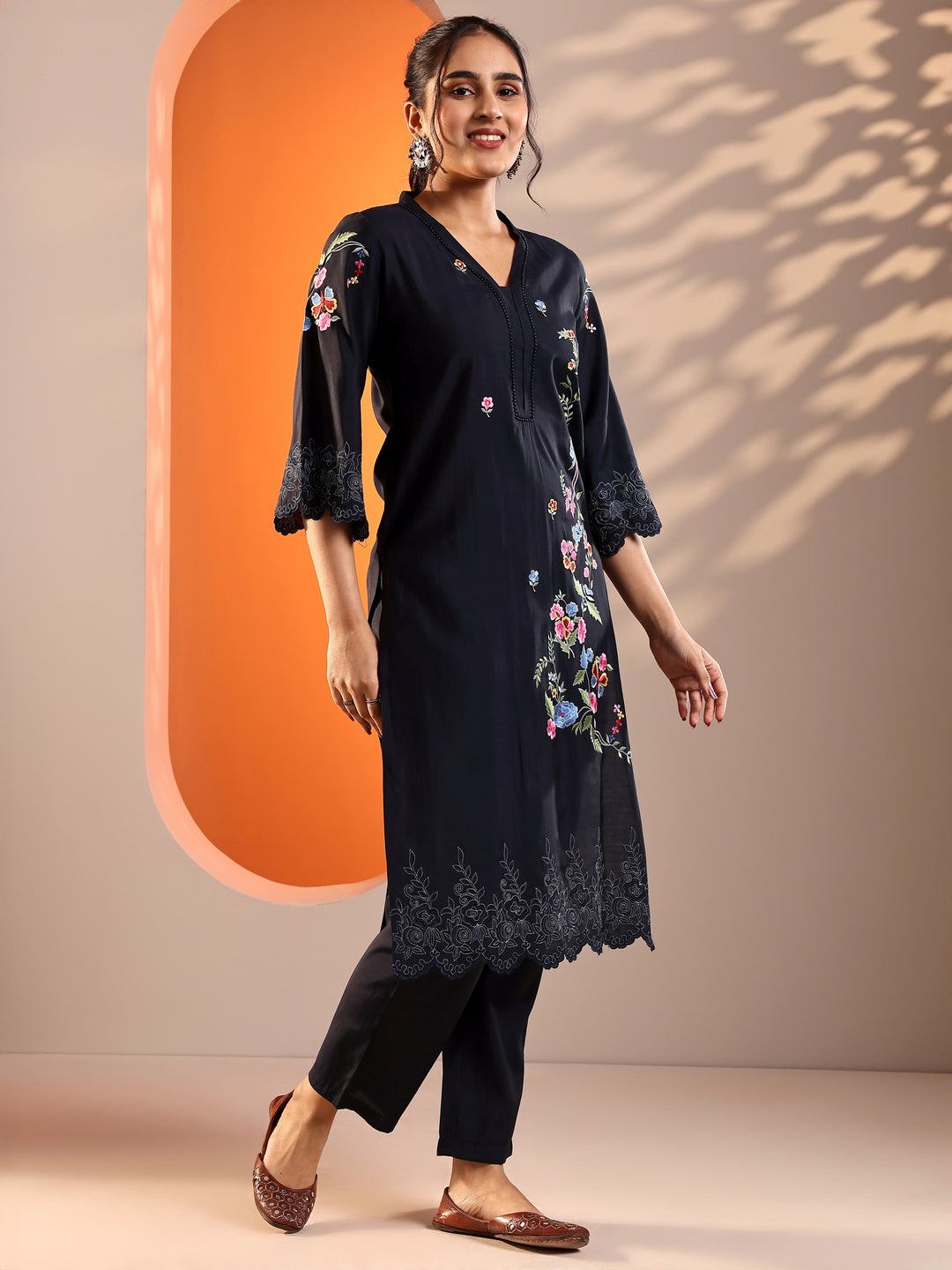 Navy Blue Embroidered Silk Blend Straight Kurta Set