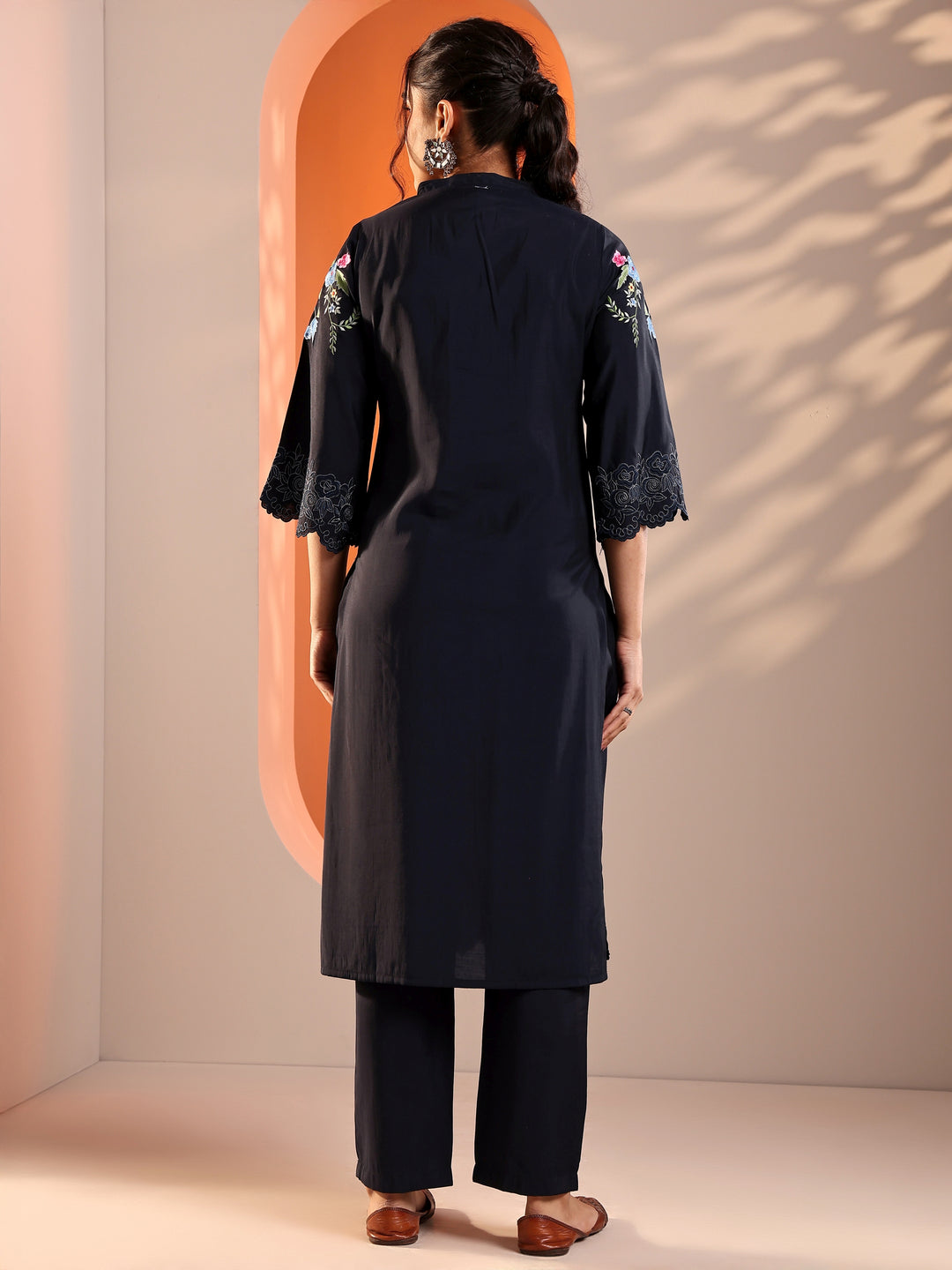 Navy Blue Embroidered Silk Blend Straight Kurta Set