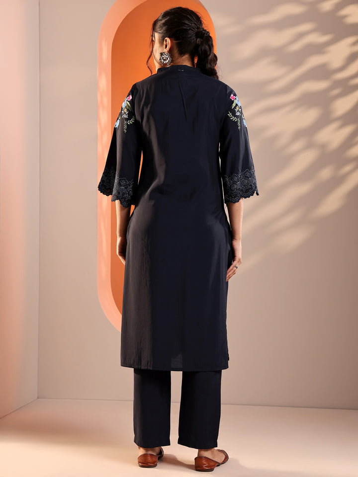 Navy Blue Embroidered Silk Blend Straight Kurta Set