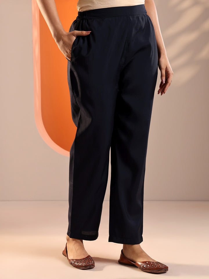 Navy Blue Embroidered Silk Blend Straight Kurta Set