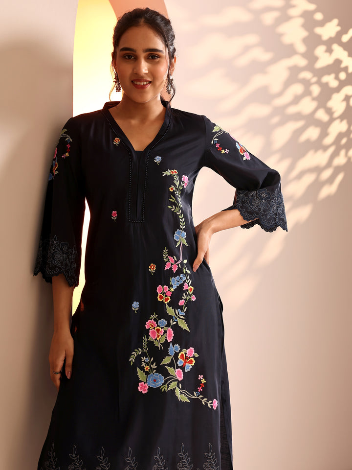 Navy Blue Embroidered Silk Blend Straight Kurta Set