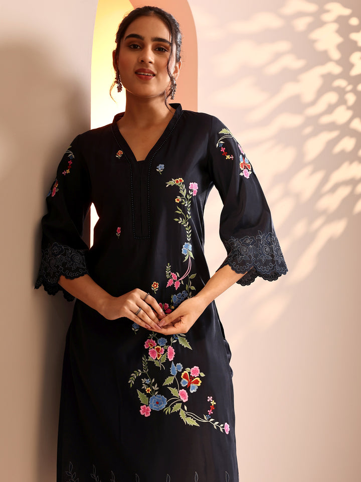 Navy Blue Embroidered Silk Blend Straight Kurta Set