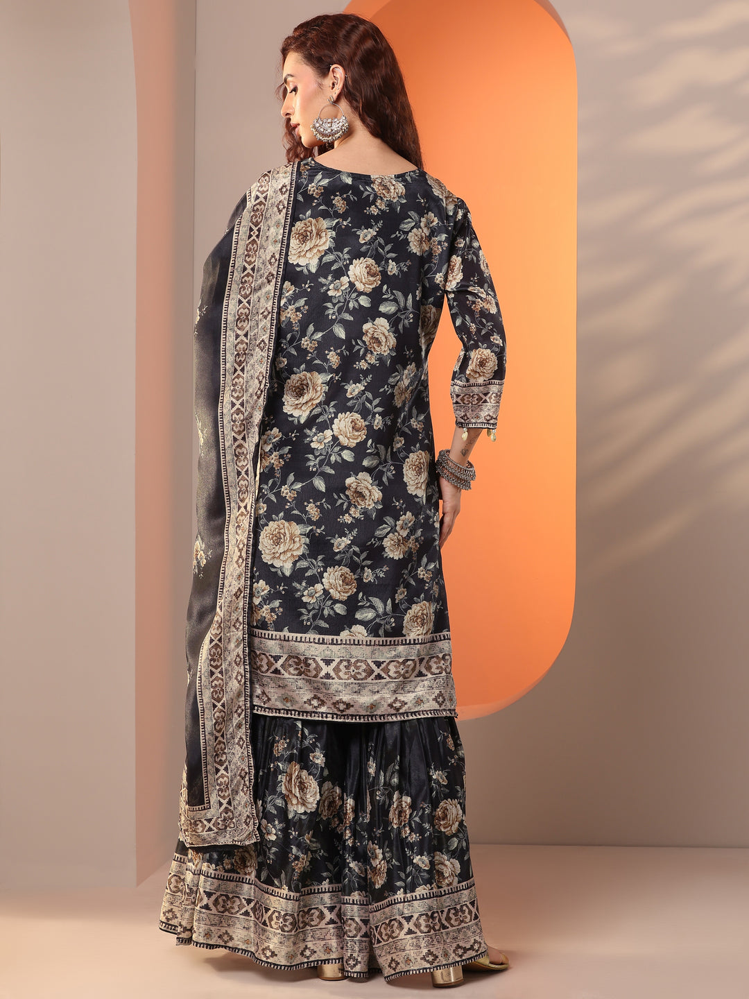 Libas Art Black Embellished Chinon Straight Suit Set With Dupatta