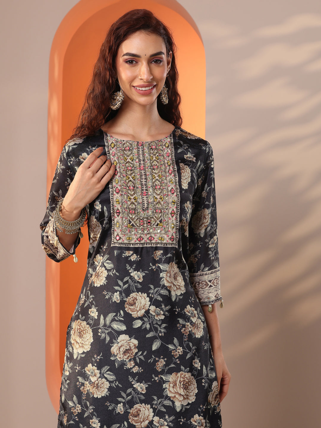 Libas Art Black Embellished Chinon Straight Suit Set With Dupatta