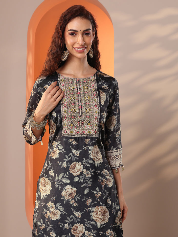 Libas Art Black Embellished Chinon Straight Suit Set With Dupatta