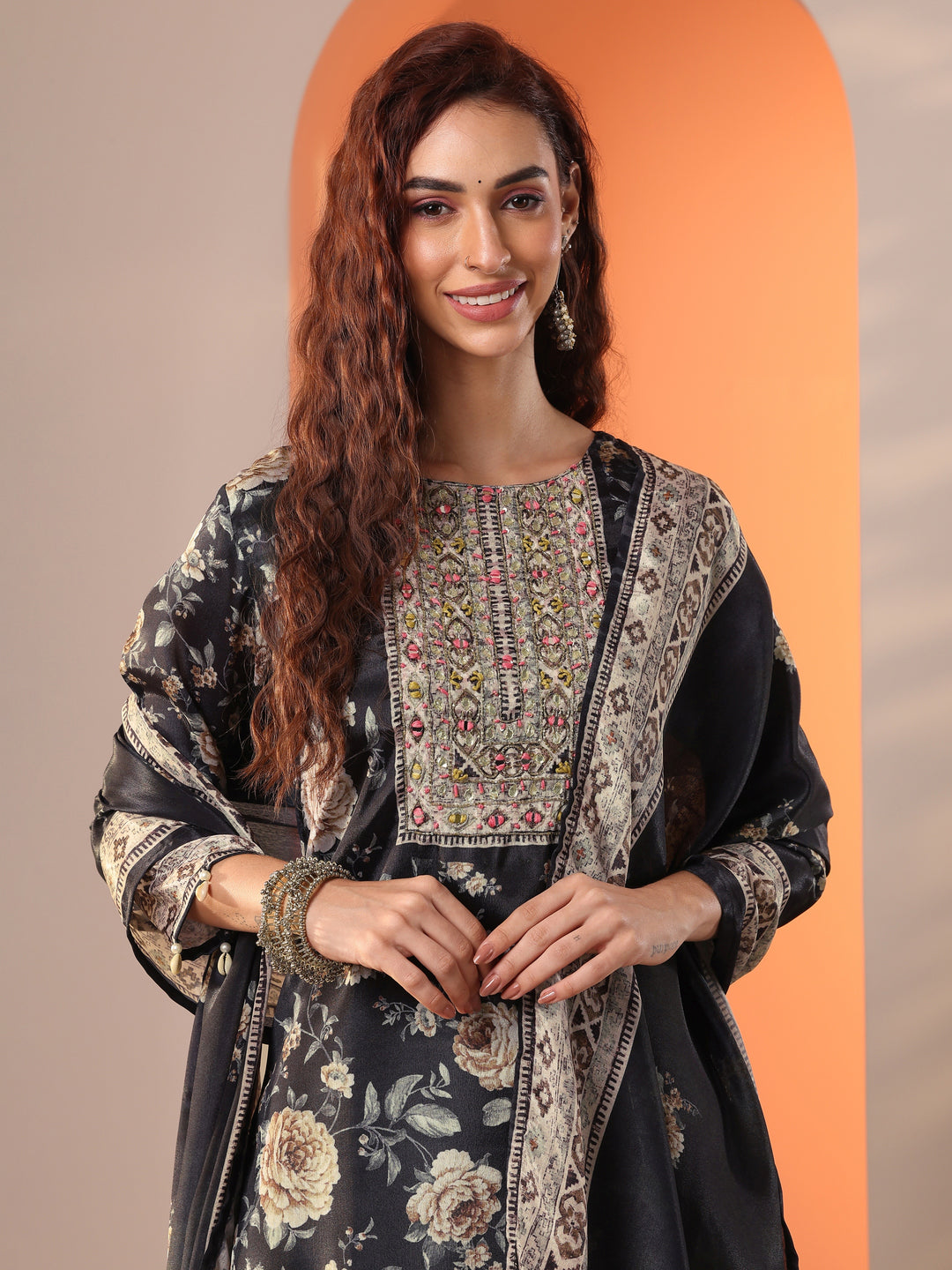 Libas Art Black Embellished Chinon Straight Suit Set With Dupatta