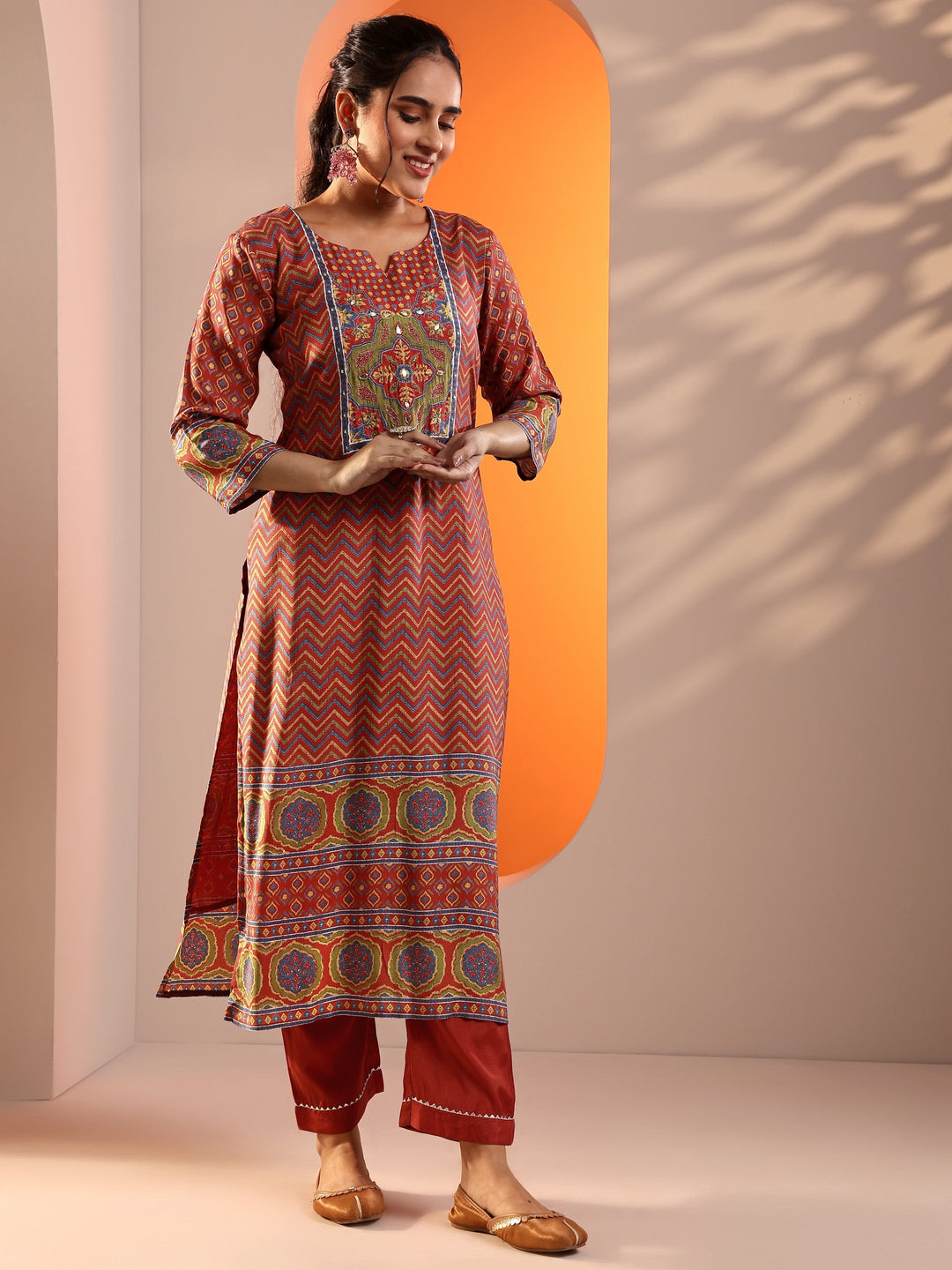 Coral Embroidered Silk Blend Straight Suit Set With Dupatta