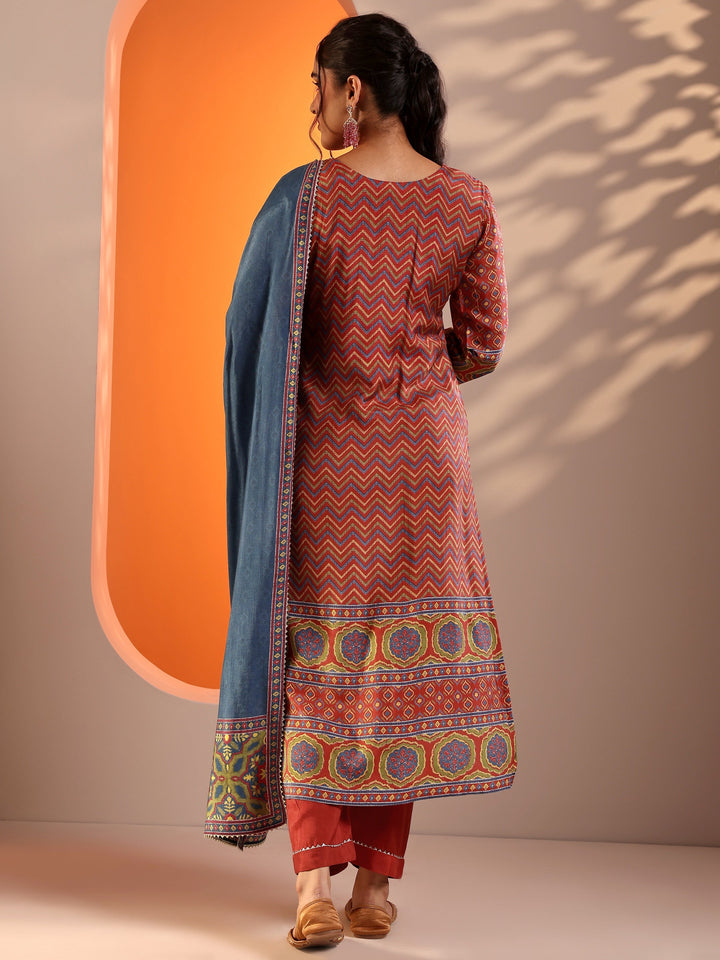 Coral Embroidered Silk Blend Straight Suit Set With Dupatta