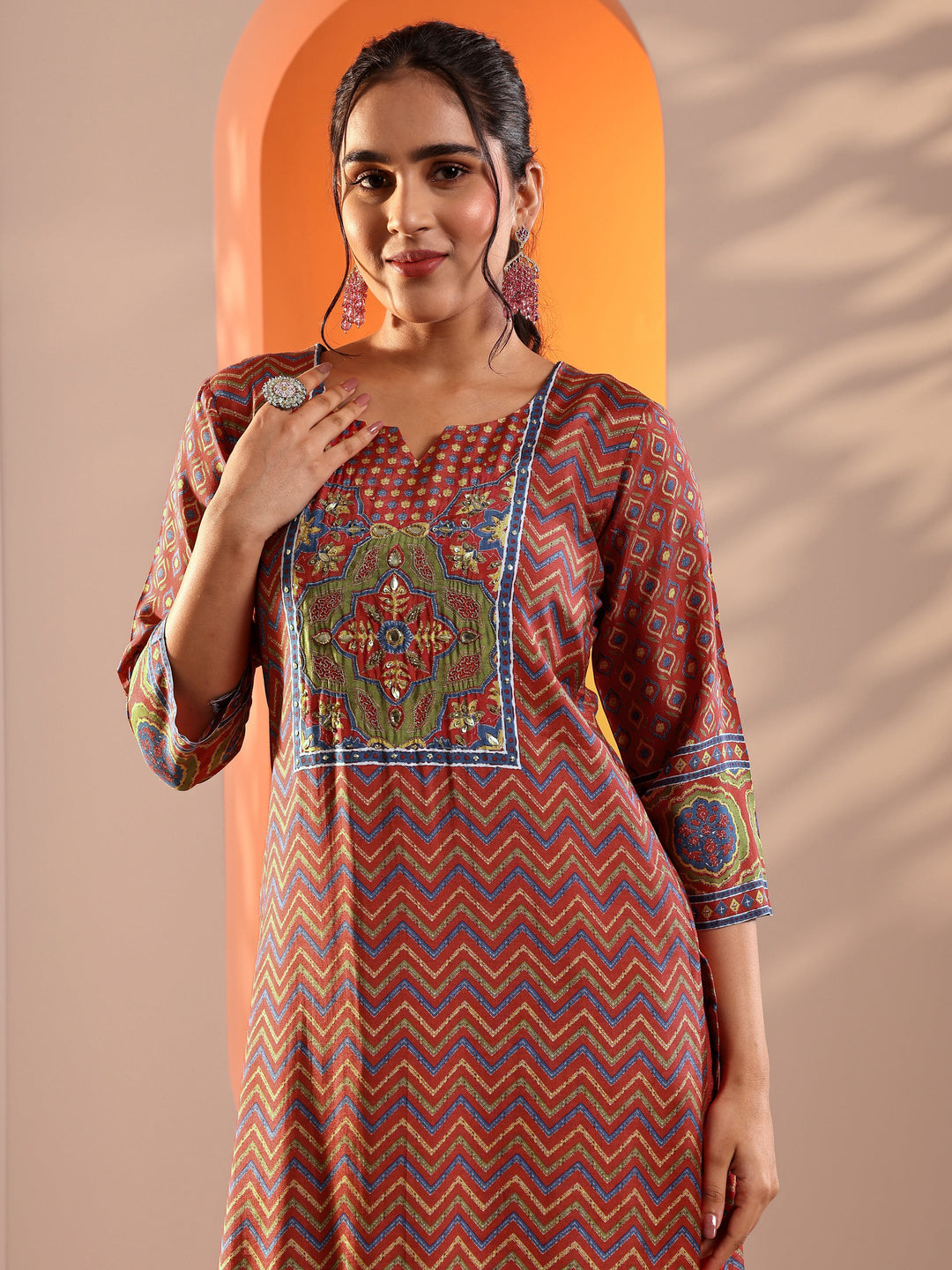 Coral Embroidered Silk Blend Straight Suit Set With Dupatta