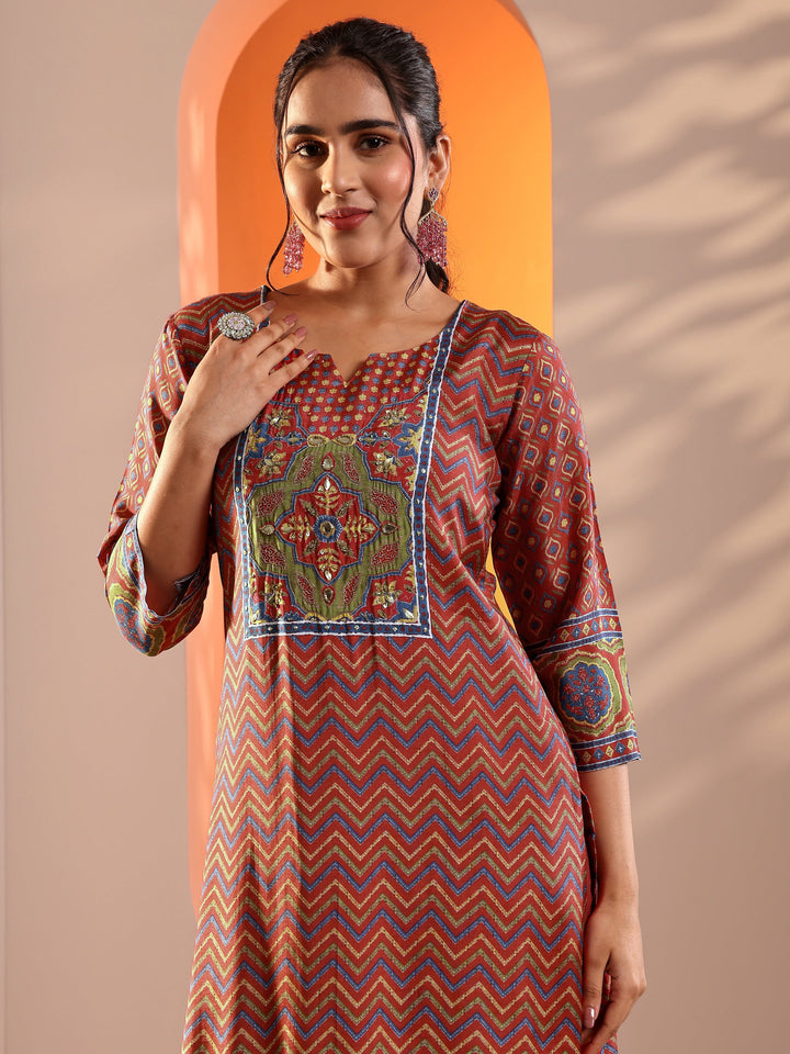 Coral Embroidered Silk Blend Straight Suit Set With Dupatta