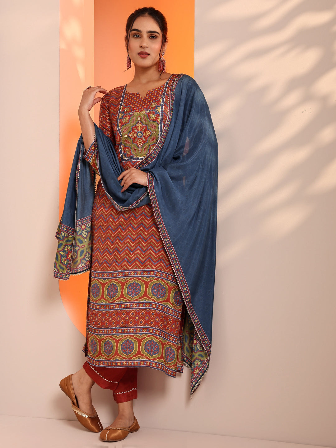 Coral Embroidered Silk Blend Straight Suit Set With Dupatta