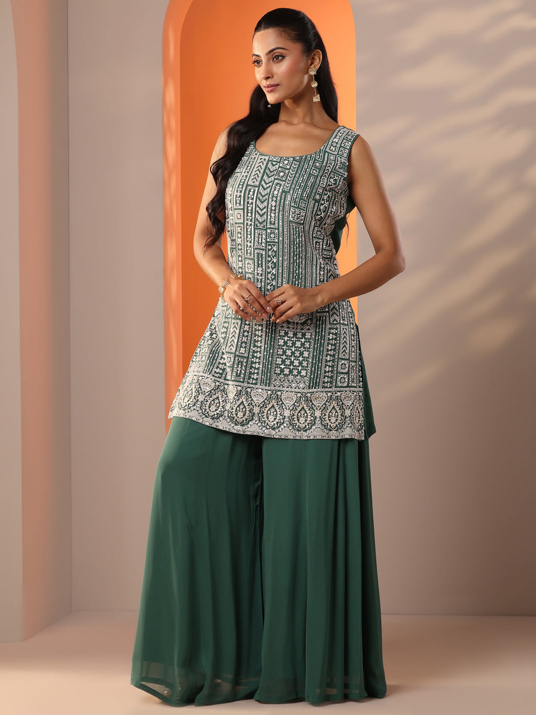 Green Embellished Georgette Straight Suit Set With Dupatta