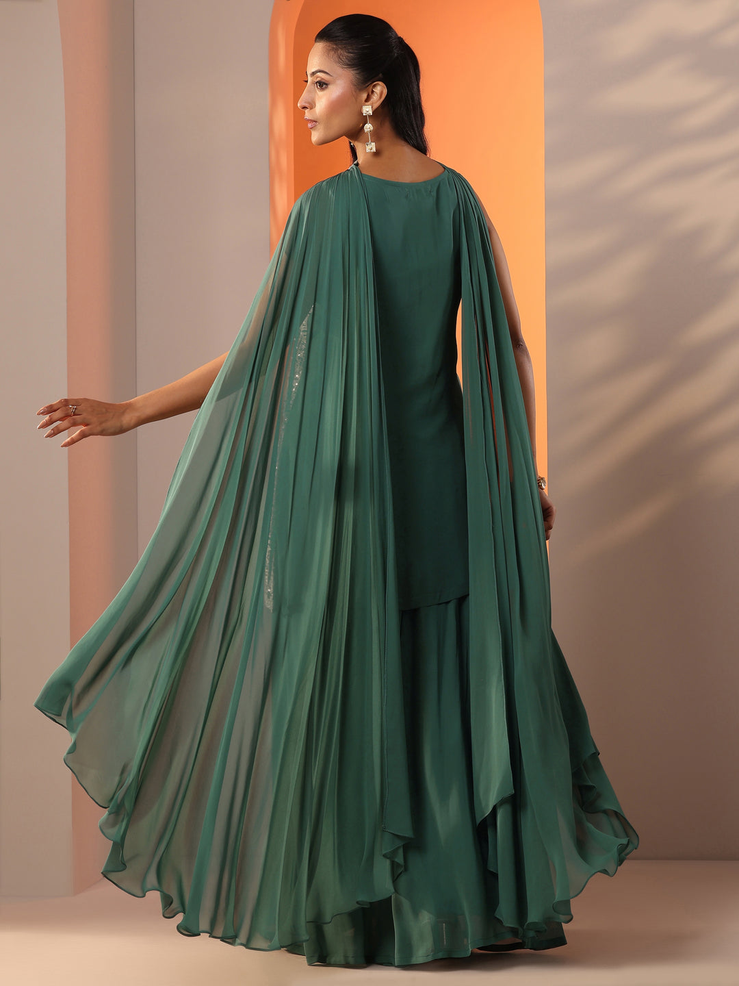 Green Embellished Georgette Straight Suit Set With Dupatta