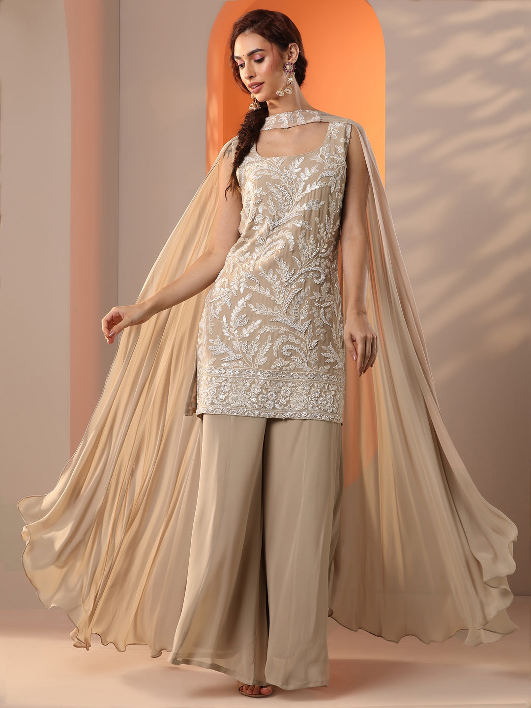 Tan Embellished Georgette Straight Suit Set With Dupatta