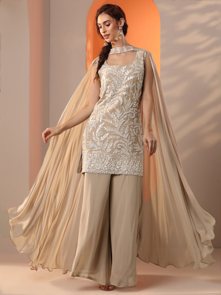 Tan Embellished Georgette Straight Suit Set With Dupatta