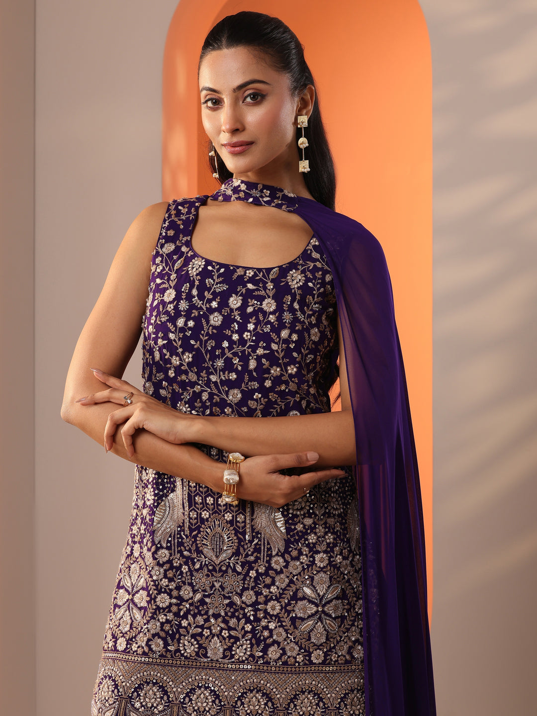 Libas Art Burgundy Embellished Georgette Straight Suit Set With Dupatta