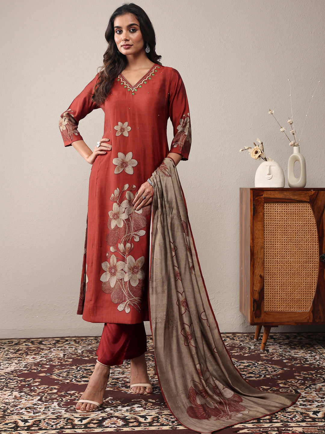 Rust Printed Silk Blend A-Line Suit Set With Dupatta