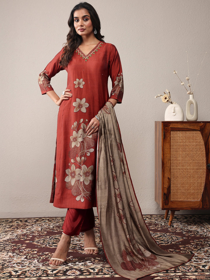 Rust Printed Silk Blend A-Line Suit Set With Dupatta