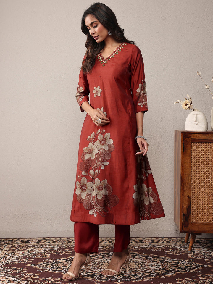 Rust Printed Silk Blend A-Line Suit Set With Dupatta