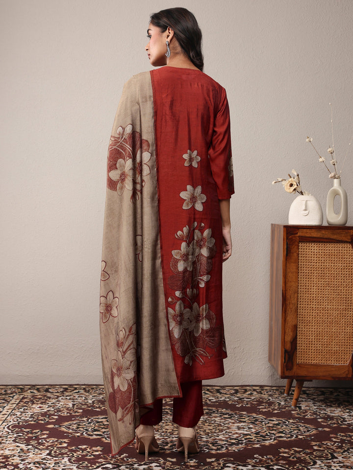 Rust Printed Silk Blend A-Line Suit Set With Dupatta