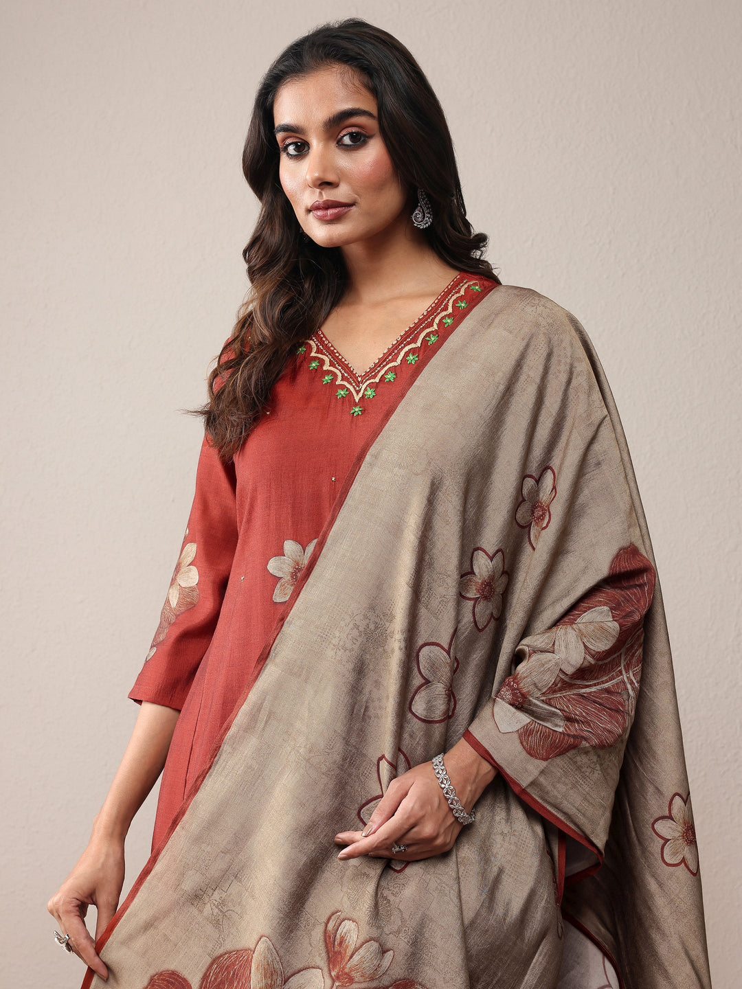 Rust Printed Silk Blend A-Line Suit Set With Dupatta
