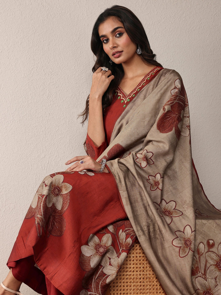 Rust Printed Silk Blend A-Line Suit Set With Dupatta