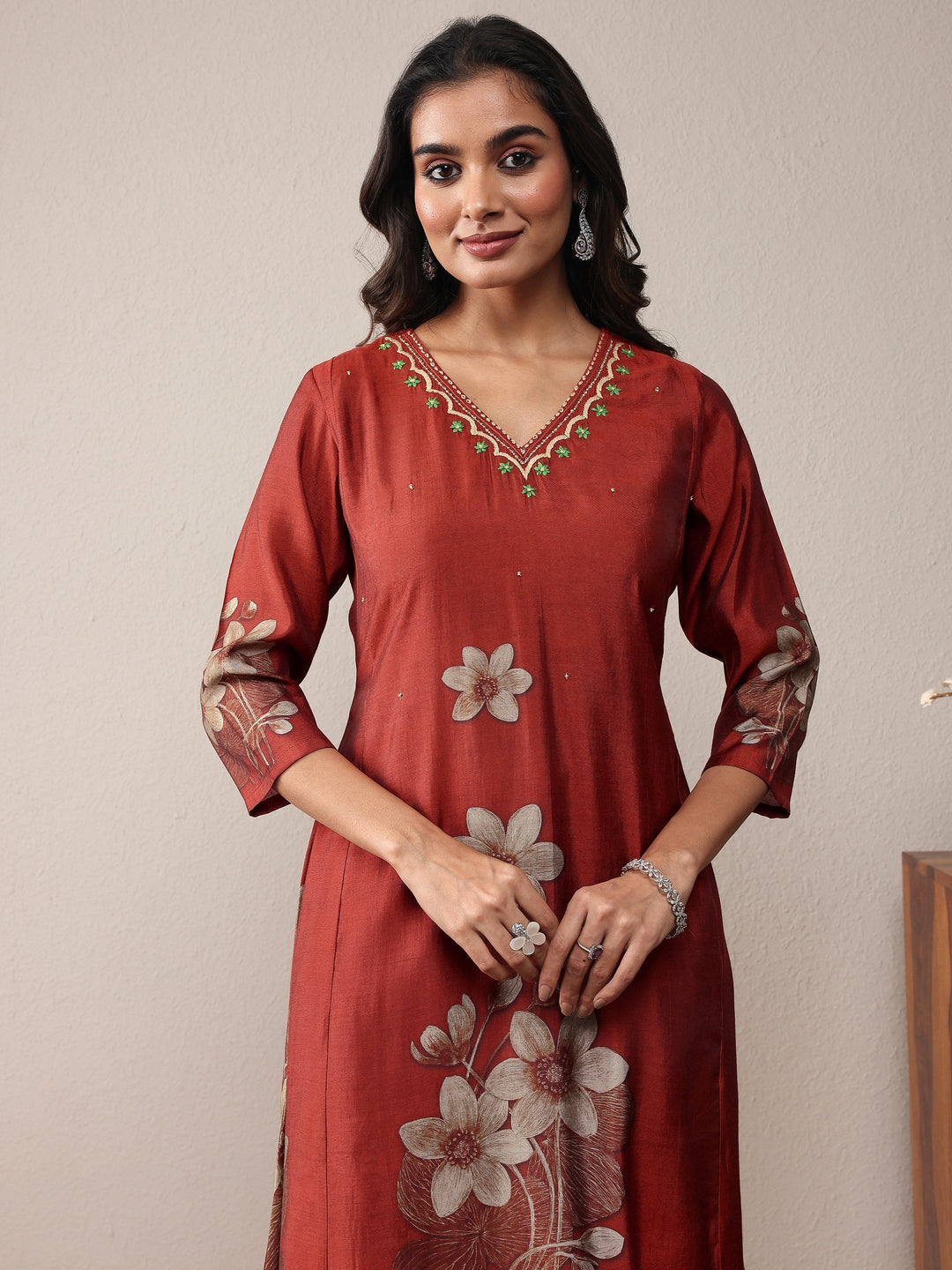 Rust Printed Silk Blend A-Line Suit Set With Dupatta