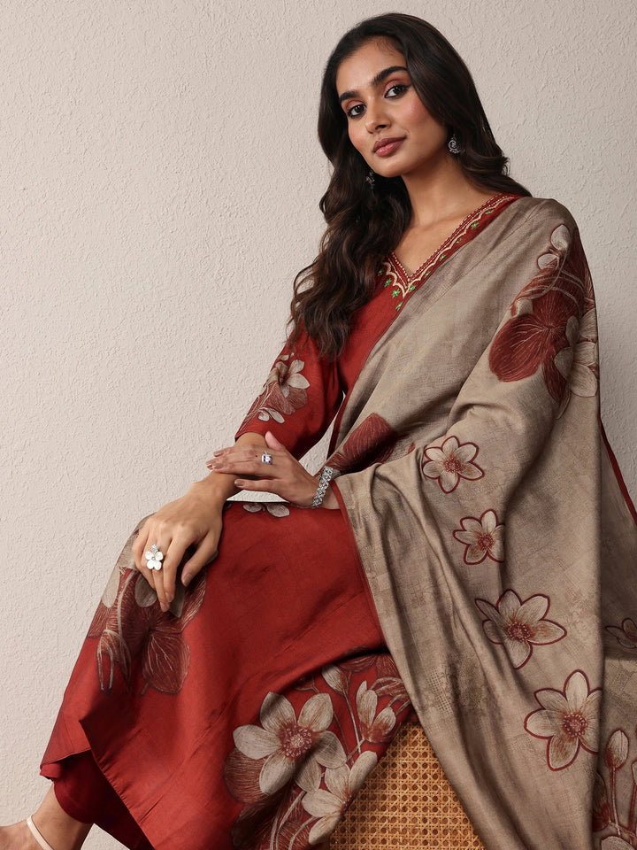 Rust Printed Silk Blend A-Line Suit Set With Dupatta