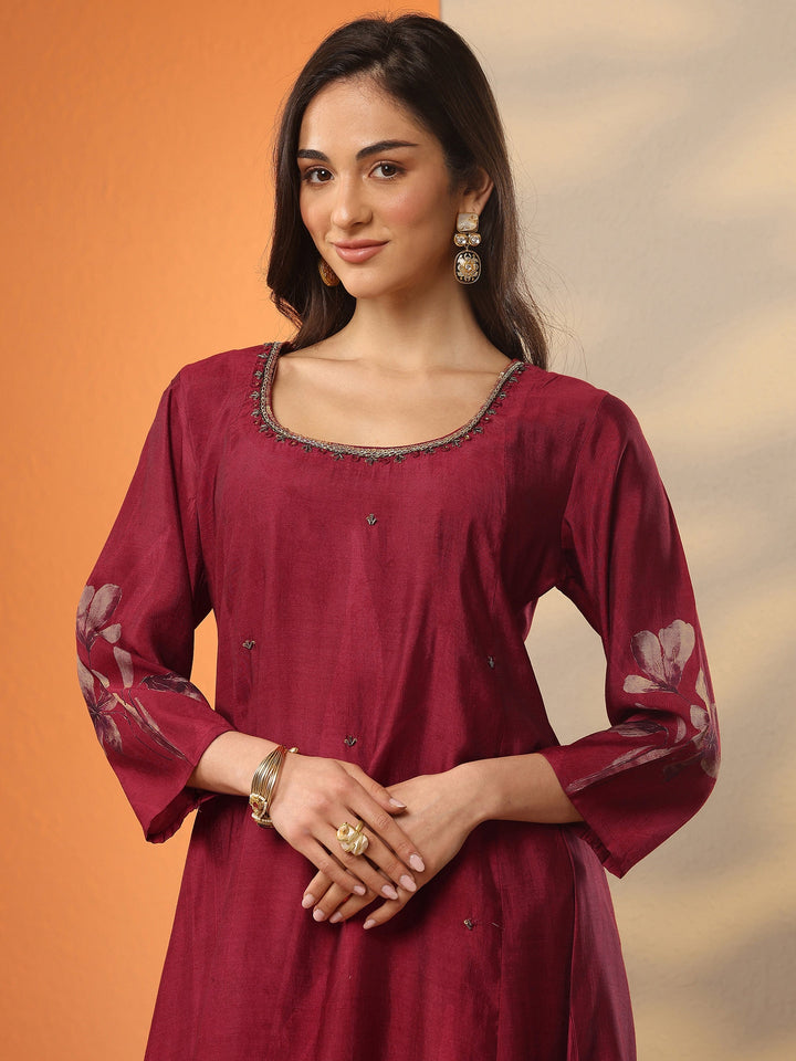 Maroon Printed Silk Blend A-Line Suit Set With Dupatta