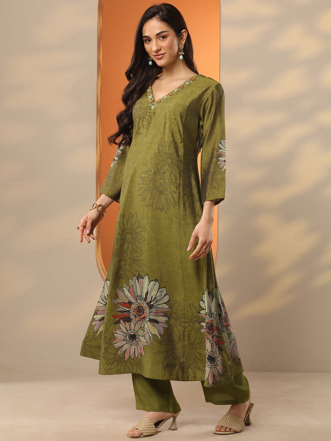 Olive Printed Silk Blend A-Line Suit Set With Dupatta