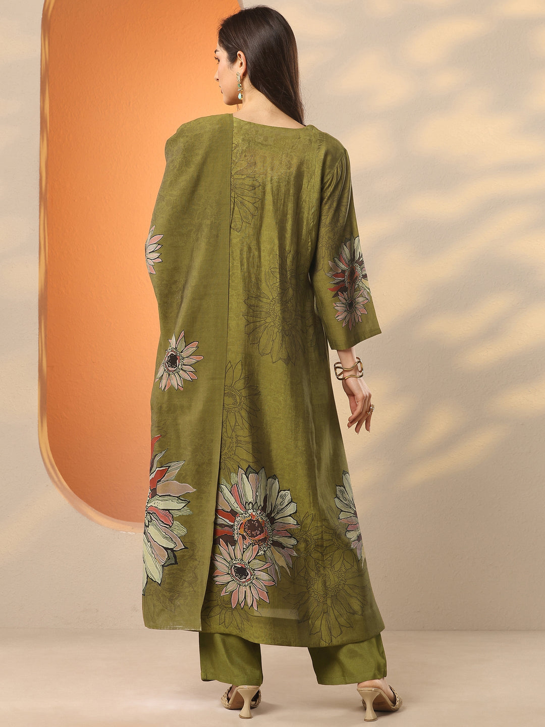 Olive Printed Silk Blend A-Line Suit Set With Dupatta