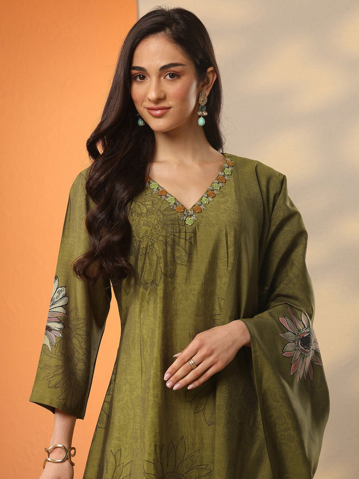 Olive Printed Silk Blend A-Line Suit Set With Dupatta
