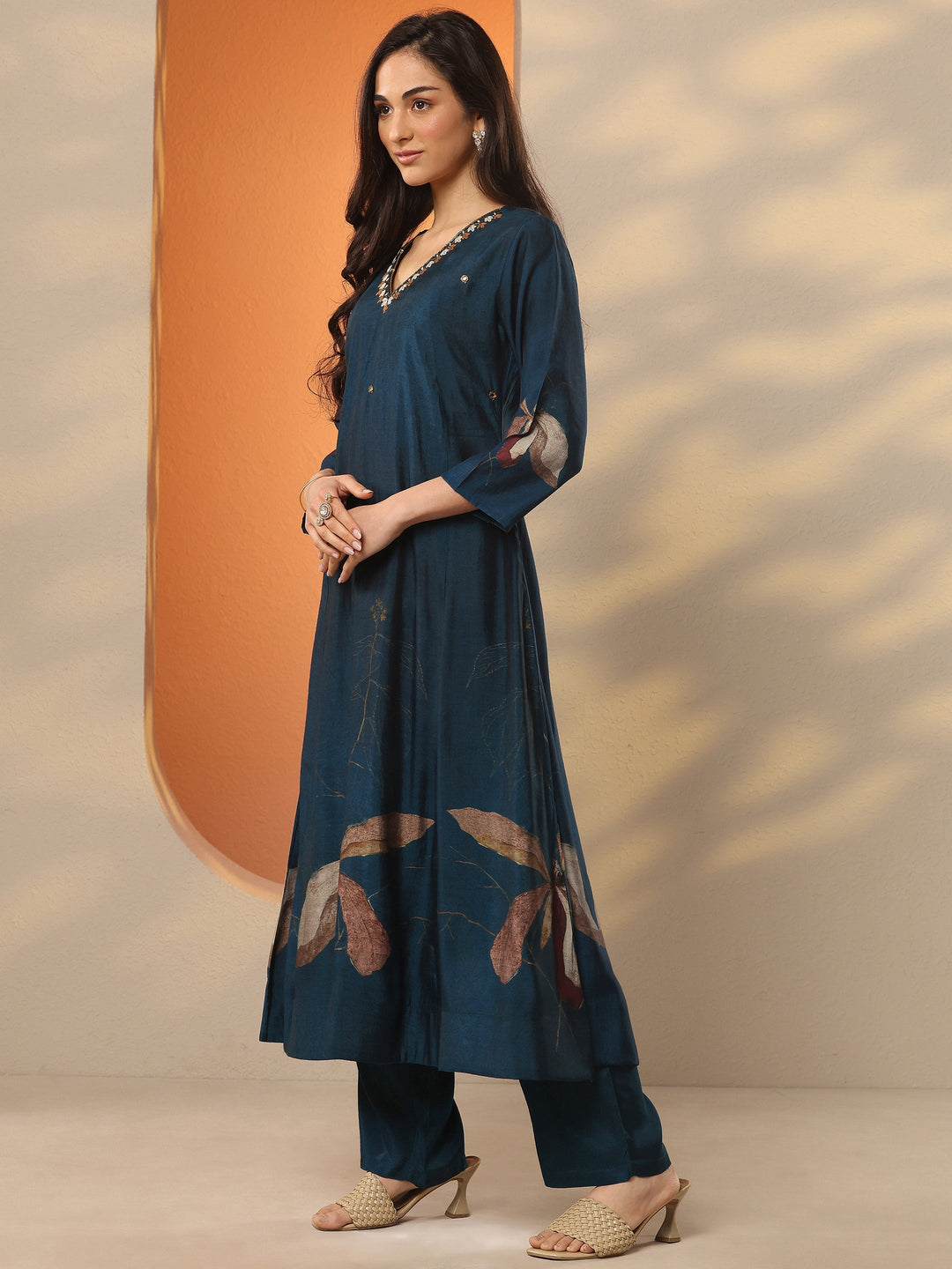 Navy Blue Printed Silk Blend A-Line Suit Set With Dupatta