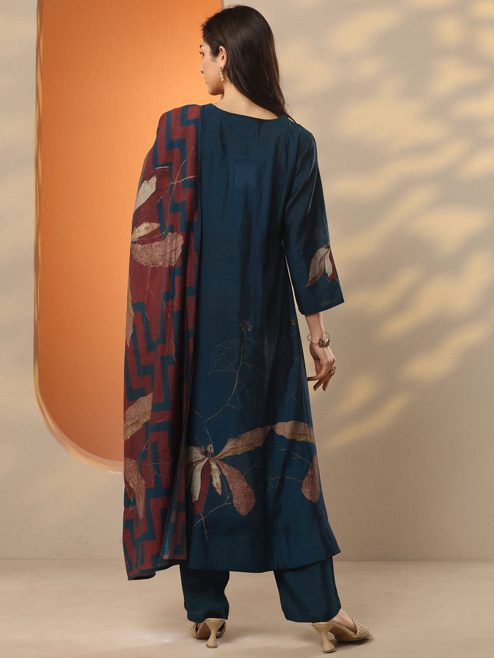 Navy Blue Printed Silk Blend A-Line Suit Set With Dupatta