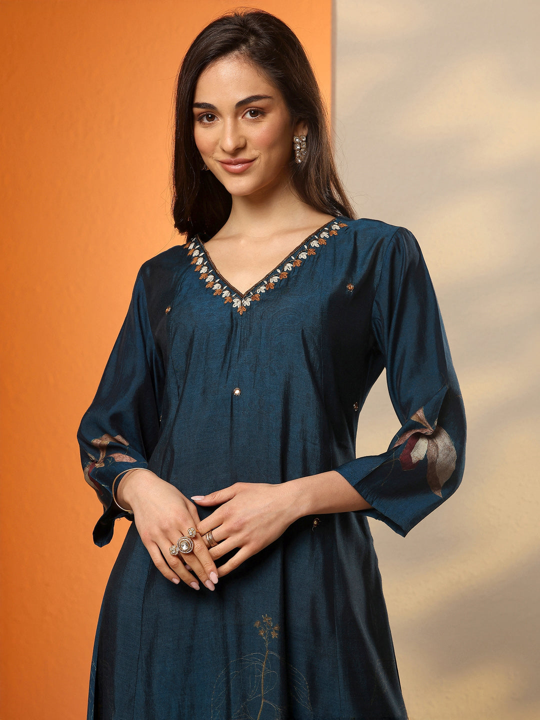 Navy Blue Printed Silk Blend A-Line Suit Set With Dupatta