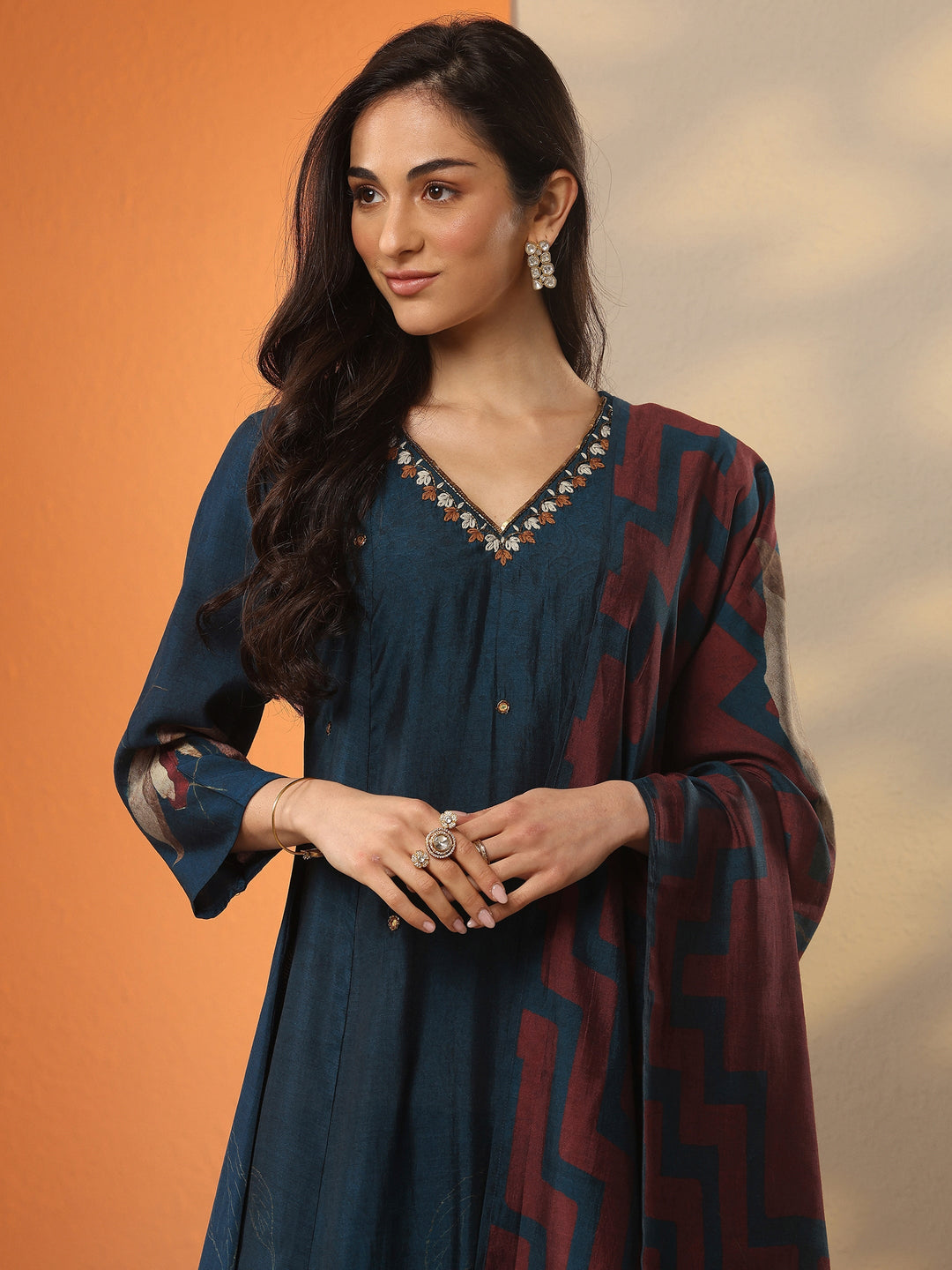 Navy Blue Printed Silk Blend A-Line Suit Set With Dupatta