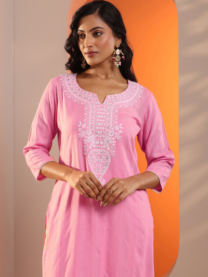 Pink Embroidered Cotton Straight Suit Set With Dupatta