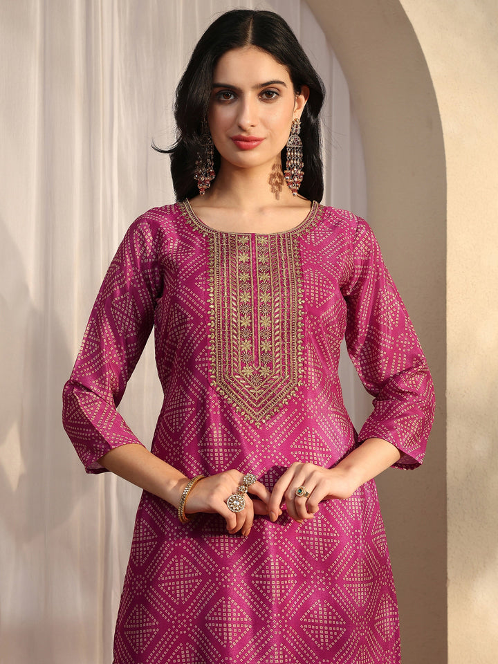 Pink Bandhani Printed Chinon Straight Suit Set With Dupatta