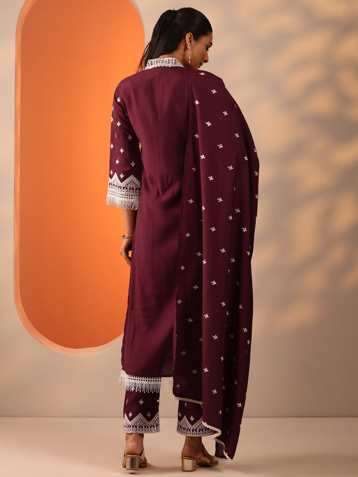 Maroon Embroidered Silk Blend Straight Suit Set With Dupatta