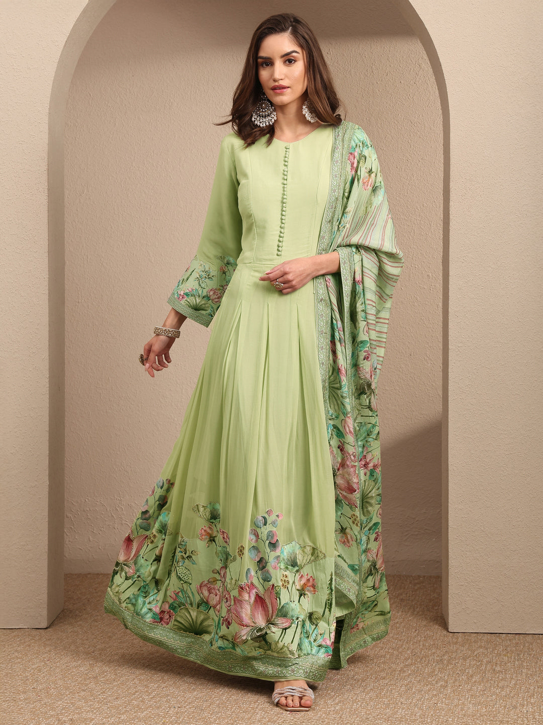 Libas Art Green Floral Printed Fit and Flare Gown With Dupatta