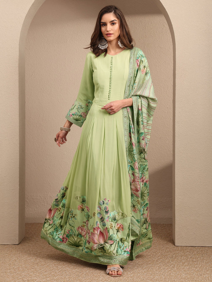 Libas Art Green Floral Printed Fit and Flare Gown With Dupatta