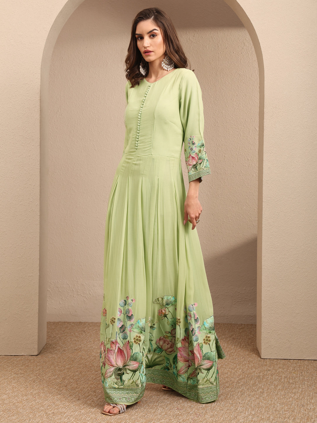 Libas Art Green Floral Printed Fit and Flare Gown With Dupatta