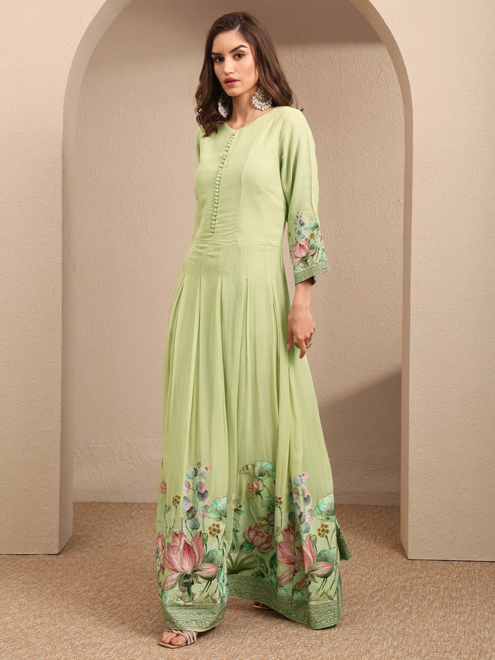 Libas Art Green Floral Printed Fit and Flare Gown With Dupatta