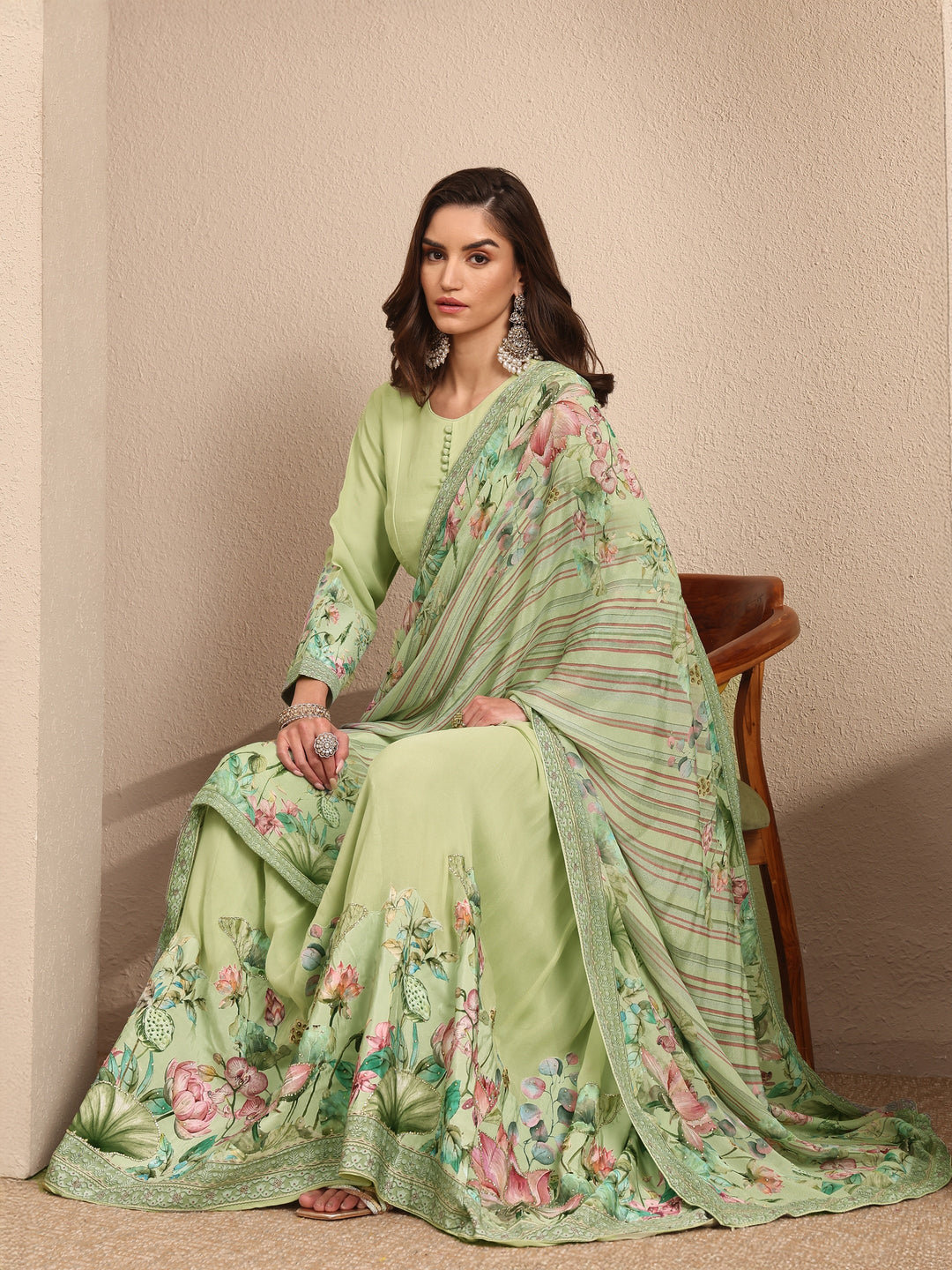 Libas Art Green Floral Printed Fit and Flare Gown With Dupatta