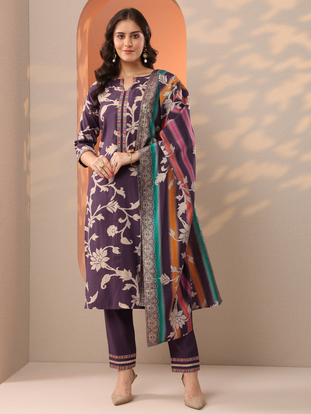 Purple Printed Silk Blend Straight Suit Set With Dupatta