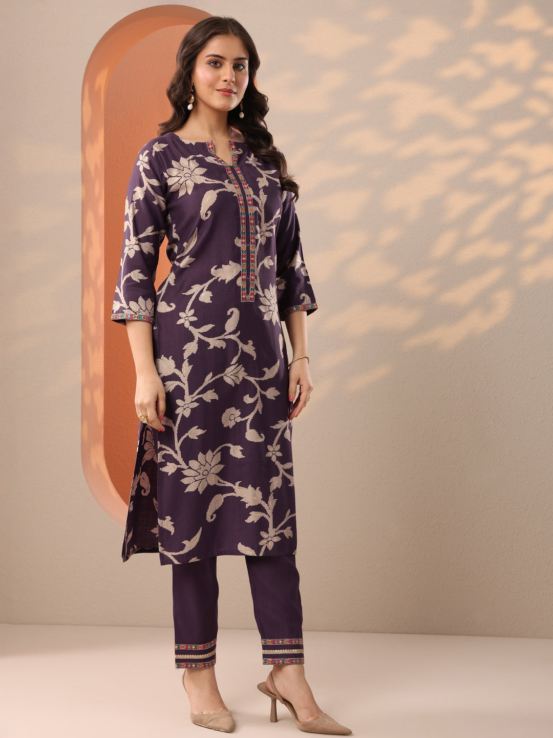 Purple Printed Silk Blend Straight Suit Set With Dupatta